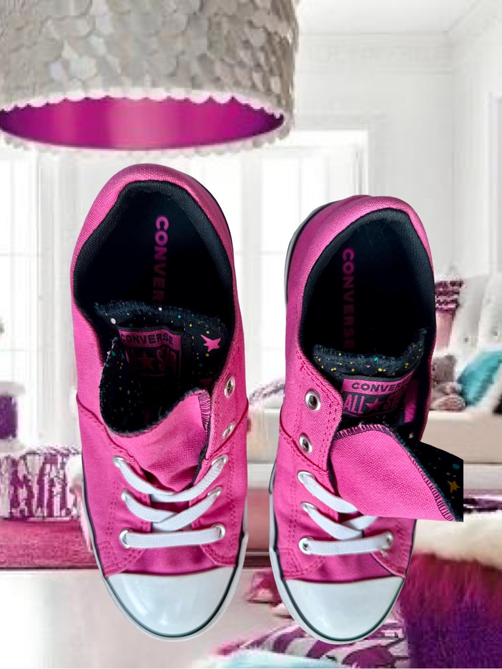 Converse Big Girl Pink Canvas  Sneakers w/Star Constellation Double Tongue  Sz 4